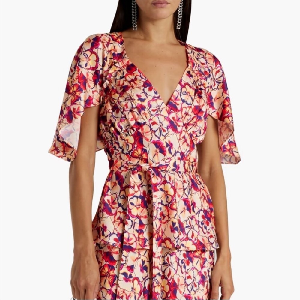 NWT Paco Rabanne Sunny Pansy Printed Cape Sleeve Floral Top Sz 34